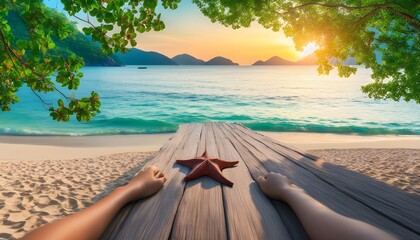 Sunset silhouette of hands delicately cradling a starfish on a tranquil beach