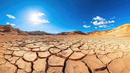 Expansive view of a dry, cracked desert landscape under a cloudless blue sky, highlighting deep fissures and barren soil.