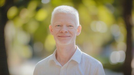 Wall Mural - MiddleAged Albino Man Smiling Outdoors in Sunlit Park, Diversity Representation, Suitable for Design, Print, Poster, Promotion