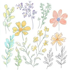 Kid-friendly doodle design featuring transparent background floral line art in soft pastel colors.