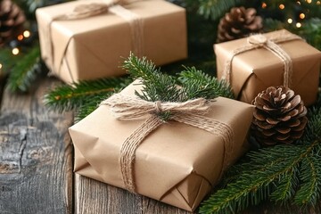 Pine cones with fir branches and Christmas gift boxes on wooden background