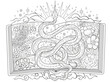 © samiramay - Hand drawn line art illustration with open book, flowers and snake - symbol of the year according to eastern horoscope. Graphic artwork for coloring page. Esoteric, gothic and mystic concept