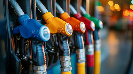 Vibrant fuel pump nozzles displayed on a gas station pump with a blurry backdrop