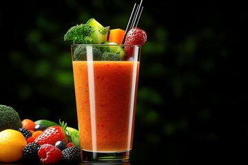 Poster - Simple smoothie icon, showing a glass with a straw and a clean, abstract representation of fresh fruits and veggies inside