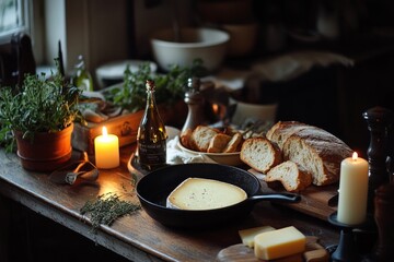 Wall Mural - A cozy kitchen scene with fresh bread and melted cheese in a skillet. Soft candlelight creates a warm atmosphere. Perfect for food lovers and rustic design. Generative AI