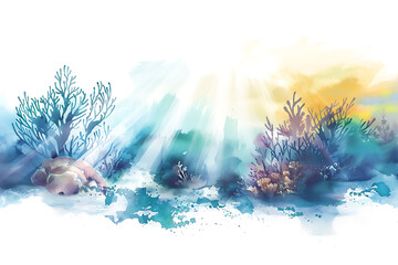 Beautiful colorful underwater world watercolor deep white background for print design.