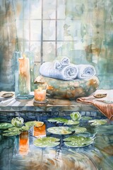 Canvas Print - A painting of a bathroom with a bowl of white towels and candles. The mood of the painting is calm and relaxing