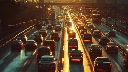 Poster - A vibrant scene of a carpool lane filled with vehicles during the morning commute, emphasizing the importance of sustainable transport solutions on busy expressways.