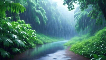 Wall Mural - Lush rainforest with a winding river flowing through vibrant greenery