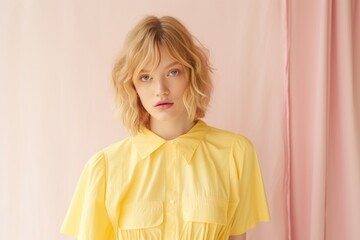 Wall Mural - A woman in a yellow shirt is standing in front of a pink curtain