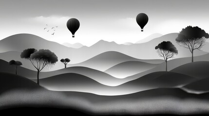 Illustration of colorful hot air balloons floating gracefully over a serene mountain landscape, with silhouettes of trees and distant hills creating a peaceful atmosphere for adventure and exploration