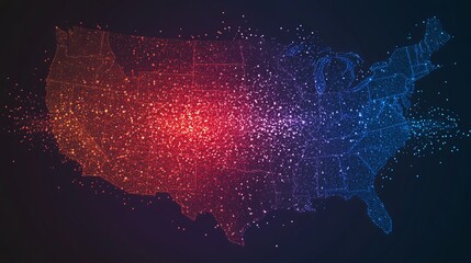 United States pixel dot map showing political division and partisanship through halftone stipple points, illustrating regional differences and voting patterns across the nation