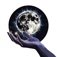 Transparent background PNG of a moon with healing hands for spiritual themes.