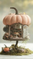 Canvas Print - A miniature house with a pumpkin on top of it