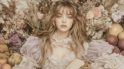 Poster - A woman in a dress sitting in front of a bunch of flowers