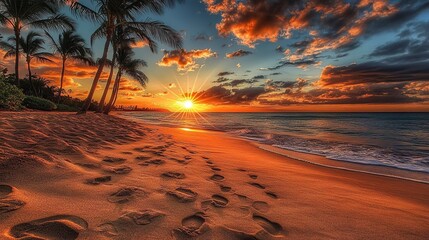 Wall Mural - Backlit palm trees and sandy beach fills the foreground leading back to dramatic sunburt sunset and cloudscape 