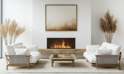 Two white sofas near fireplace against white wall with wooden cabinet and art poster. Scandinavian minimalist style home interior design of modern living room. Generative AI