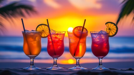 Poster - alcoholic cocktails on the background of the sunset beach 