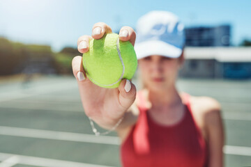 Poster - Tennis, ball and hands of woman on court for training, tournament match and game. Athlete, sports and person with equipment for exercise, fitness and workout for practice, event and competition