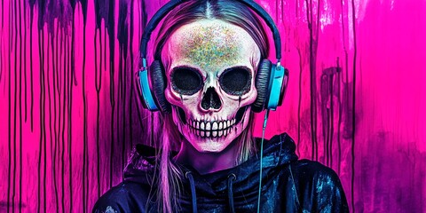 A glittery skull wearing a Black Hoody,  Wearing Headphones, Painting with neon colors,