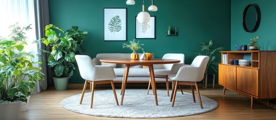 Sticker - Modern dining room with green walls, white chairs, and a round wooden table.