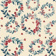 Canvas Print - Repeating design of holiday wreaths and berries.