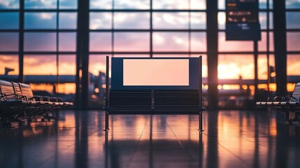 Sticker - A mockup poster empty, stands within an airport setting , blurred background , showcasing a wide banner design featuring ample blank .space for your content design 