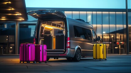 Poster - a minibus with the rear door open in front of an airport terminal. Pink, yellow and silver suitcases sit next to the vehicle as passengers prepare for the trip 