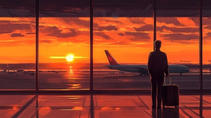 Poster - A man is standing in front of an airport window with his luggage. The sky is orange and the sun is setting  