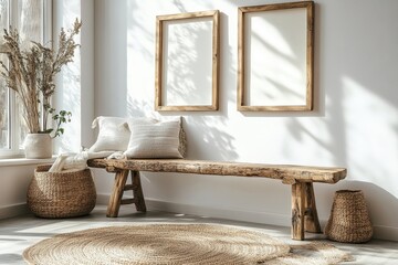 Wooden rustic bench near white wall with two frames. Farmhouse, country, boho interior design of modern home entryway, hall, Generative AI