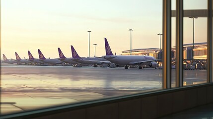 Wall Mural - A fleet of aircraft is parked on the taxiway of the international airport runway. View of the terminal's panoramic window. Air freight background 