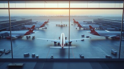 Canvas Print - A fleet of aircraft is parked on the taxiway of the international airport runway. View of the terminal's panoramic window. Air freight background  