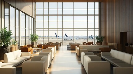 Poster - A contemporary airport lounge with ample seats and a view of planes. 