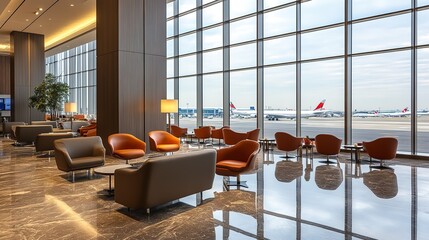 Canvas Print - A contemporary airport lounge with ample seats and a view of planes.  