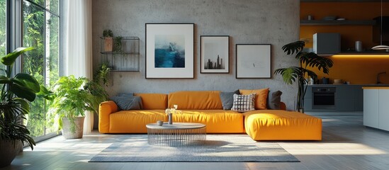 Poster - Modern living room with a large yellow sectional sofa, grey walls, and large windows.