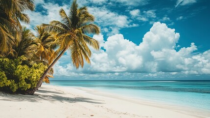 Canvas Print - Beautiful tropical beach with white sand, palm trees, turquoise ocean against blue sky with clouds on sunny summer day. 