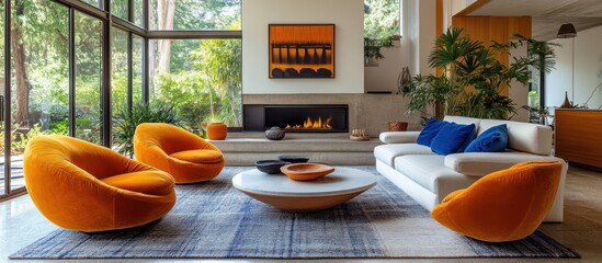 Wall Mural - Modern living room with orange chairs, a white sofa, and a fireplace.