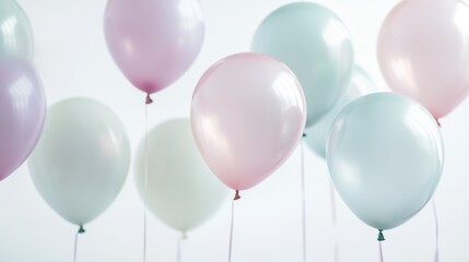 Soft pastel balloons with a slight transparency arranged in a gentle pattern on a white background, conveying calm and elegance