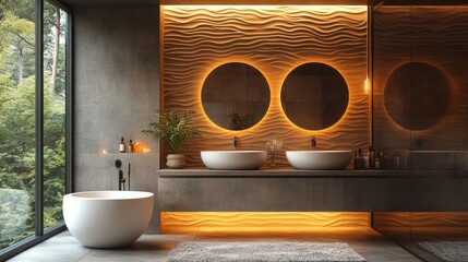 A bathroom with a large mirror and two sinks