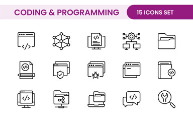 Programming coding set of web icons in line style. Software development icons for web and mobile app. Code, api, programmer, developer, information technology, coder and more.