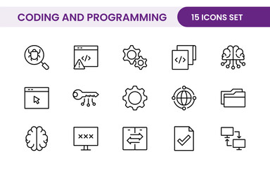 Programming coding set of web icons in line style. Software development icons for web and mobile app. Code, api, programmer, developer, information technology, coder and more.
