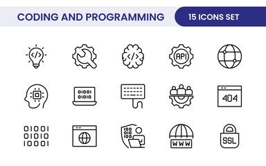 Programming coding set of web icons in line style. Software development icons for web and mobile app. Code, api, programmer, developer, information technology, coder and more.