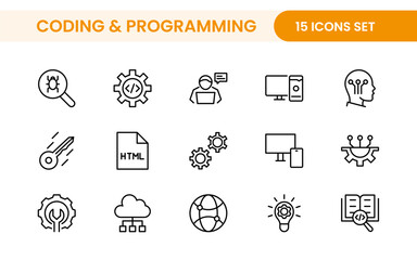 Programming coding set of web icons in line style. Software development icons for web and mobile app. Code, api, programmer, developer, information technology, coder and more.