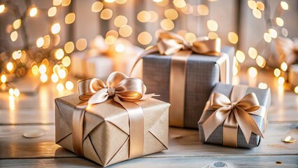 Beautifully wrapped Christmas presents with gold ribbons, set against a festive bokeh lights background. Perfect for holiday-themed content, gift guides, and celebrations...