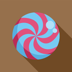 Poster - Pink and blue swirl lollipop candy flat design icon with long shadow on brown background, for sweets and confectionery concepts