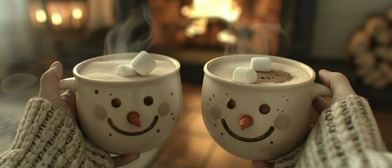 Canvas Print - Two cups of hot chocolate with snowman-shaped marshmallows. AI.