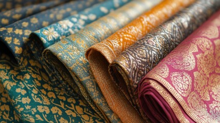 Indian textile fabric with traditional block print patterns, leaving ample space for copy in the background.