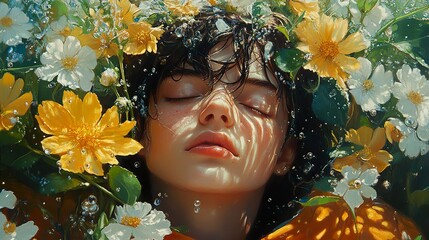 Poster - Dreamy Portrait of a Woman Surrounded by Flowers and Water