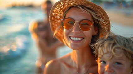 Canvas Print - A happy family is enjoying a day at the beach. AI.