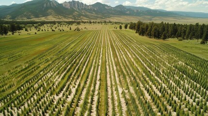 Poster - Rows of young pine trees on a tree farm. AI.